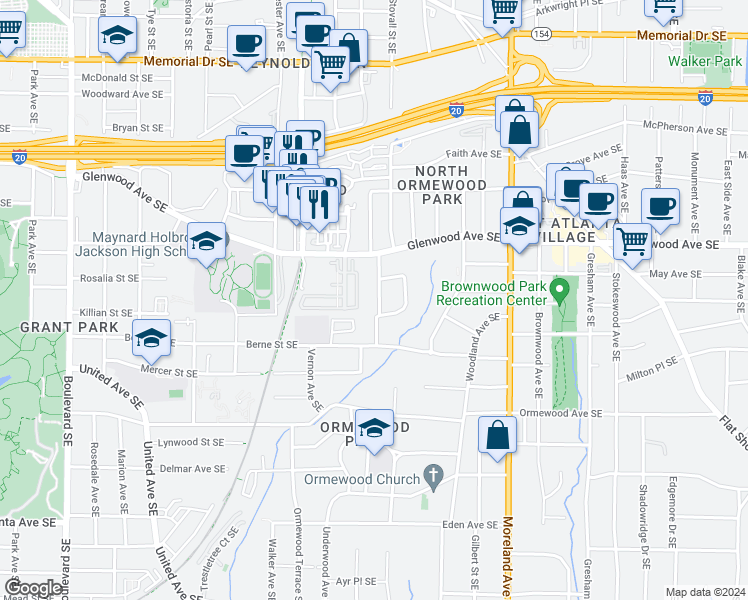 map of restaurants, bars, coffee shops, grocery stores, and more near 591 Glenwood Place Southeast in Atlanta