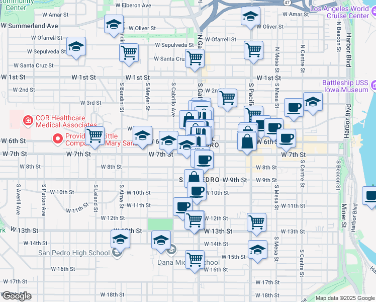 map of restaurants, bars, coffee shops, grocery stores, and more near 744 West 7th Street in Los Angeles