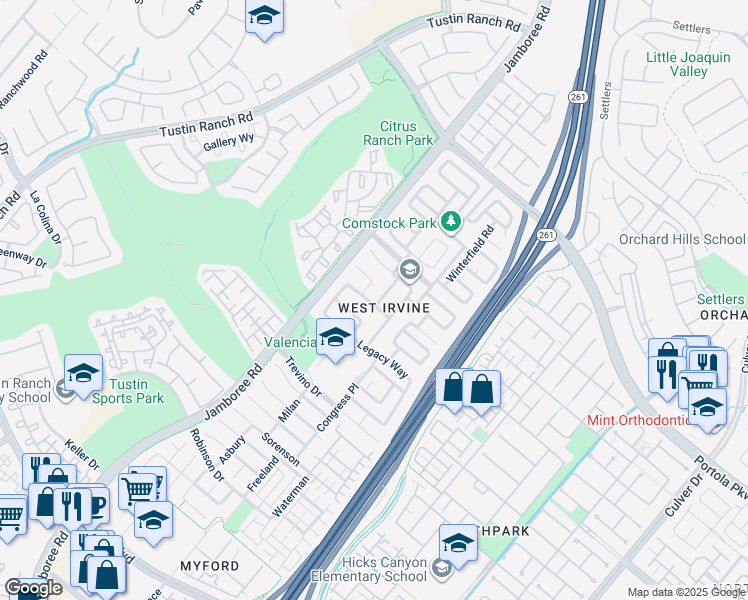 map of restaurants, bars, coffee shops, grocery stores, and more near 17 Freedom Place in Irvine