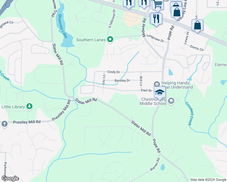 map of restaurants, bars, coffee shops, grocery stores, and more near 3907 Paul Street in Douglasville