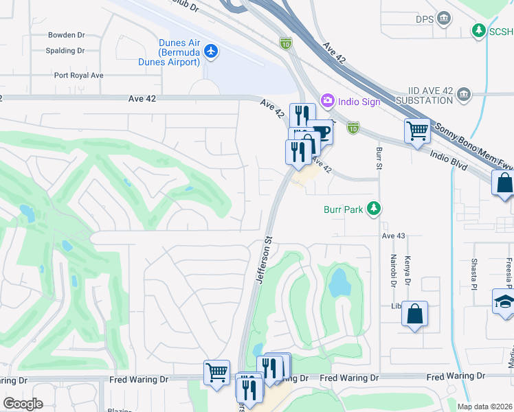 map of restaurants, bars, coffee shops, grocery stores, and more near 42787 Rachel Court in Indio