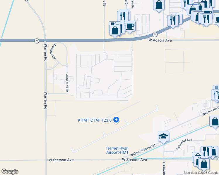 map of restaurants, bars, coffee shops, grocery stores, and more near 5001 West Florida Avenue in Hemet