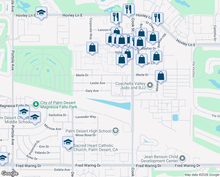 map of restaurants, bars, coffee shops, grocery stores, and more near 42741 Christian Street in Palm Desert