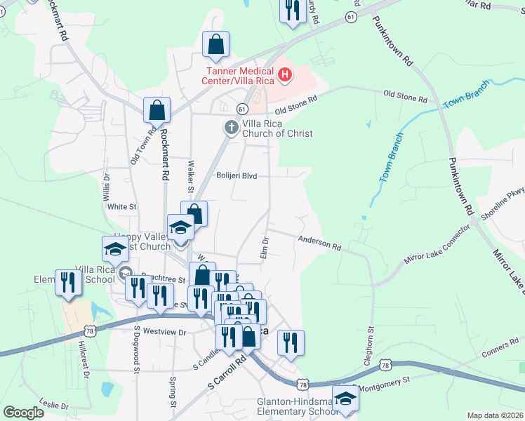 map of restaurants, bars, coffee shops, grocery stores, and more near 340 North Avenue in Villa Rica
