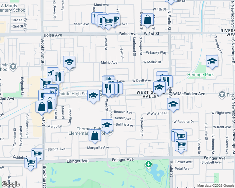 map of restaurants, bars, coffee shops, grocery stores, and more near 10571 West McFadden Avenue in Garden Grove