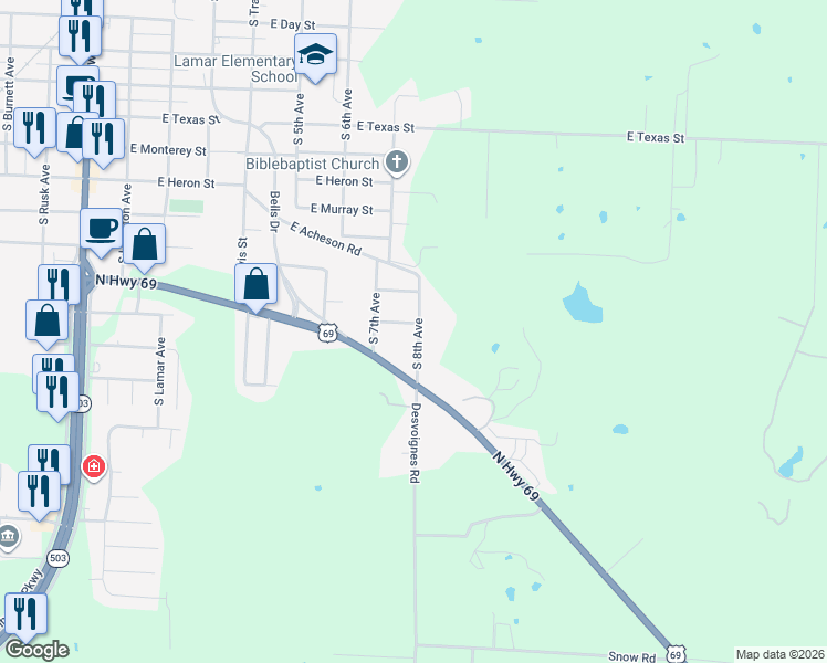 map of restaurants, bars, coffee shops, grocery stores, and more near 720 East Bullock Street in Denison