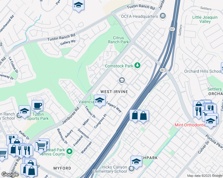 map of restaurants, bars, coffee shops, grocery stores, and more near 17 Freedom Place in Irvine