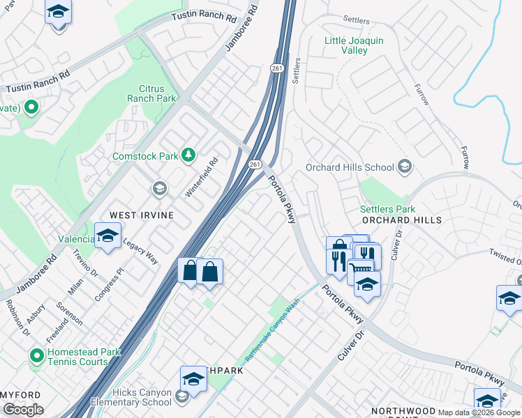 map of restaurants, bars, coffee shops, grocery stores, and more near 25 Larchwood in Irvine
