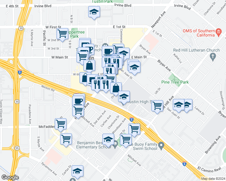 map of restaurants, bars, coffee shops, grocery stores, and more near 1098 Bonita Street in Tustin