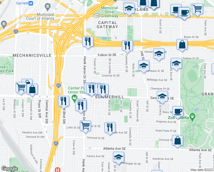 map of restaurants, bars, coffee shops, grocery stores, and more near 94 Glenn Street Southeast in Atlanta
