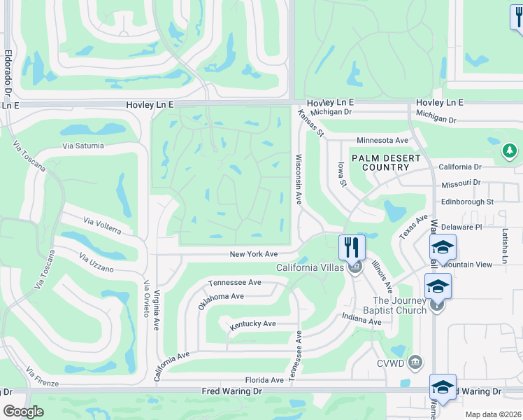 map of restaurants, bars, coffee shops, grocery stores, and more near 42747 Adalin Way in Palm Desert