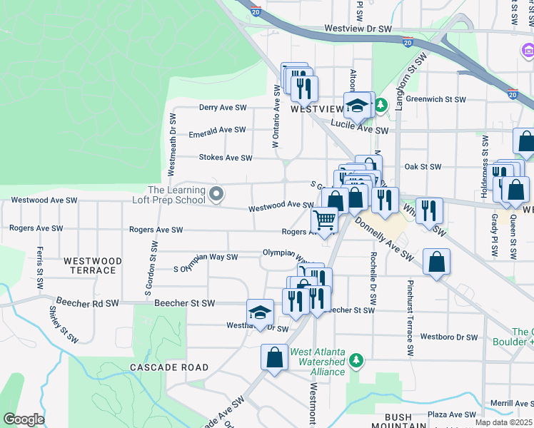 map of restaurants, bars, coffee shops, grocery stores, and more near 1626 Westwood Avenue Southwest in Atlanta