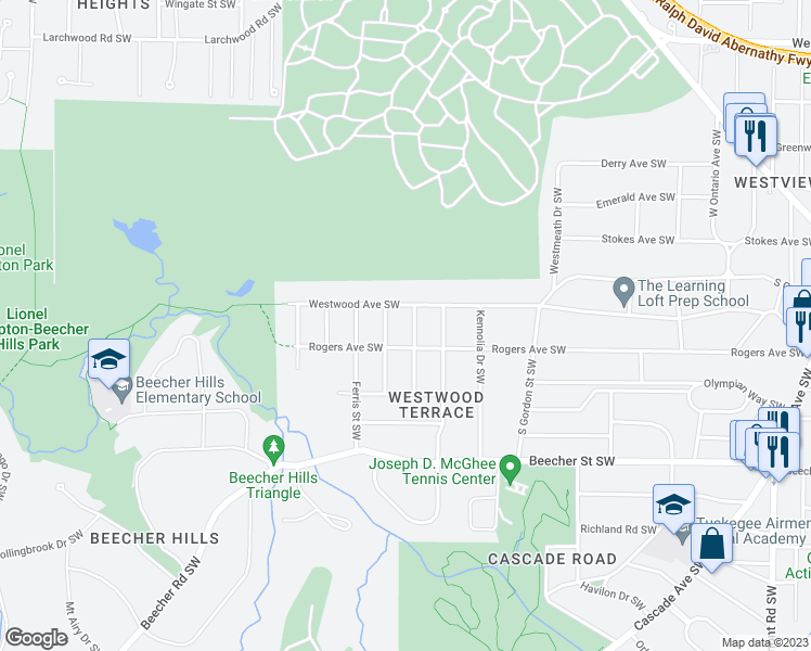 map of restaurants, bars, coffee shops, grocery stores, and more near 632 Montevista Street Southwest in Atlanta