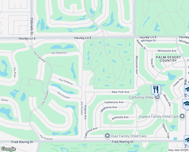 map of restaurants, bars, coffee shops, grocery stores, and more near 42895 Scirocco Road in Palm Desert