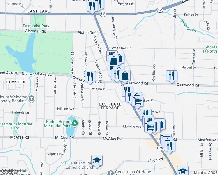 map of restaurants, bars, coffee shops, grocery stores, and more near 2462 Lynn Iris Drive in Decatur