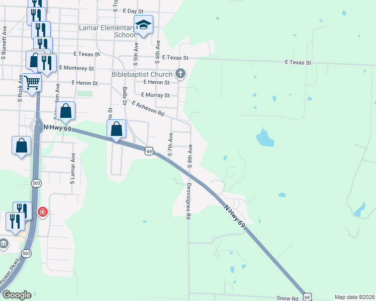 map of restaurants, bars, coffee shops, grocery stores, and more near 732 East Bullock Street in Denison