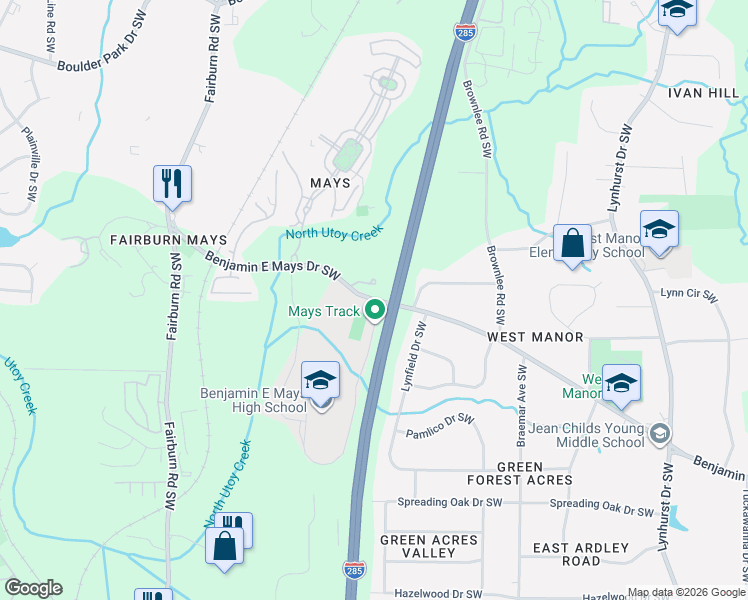 map of restaurants, bars, coffee shops, grocery stores, and more near 3458 Benjamin E Mays Drive Southwest in Atlanta