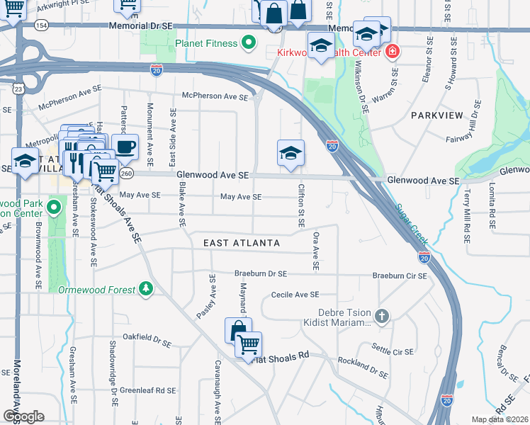 map of restaurants, bars, coffee shops, grocery stores, and more near 1636 Newton Avenue Southeast in Atlanta