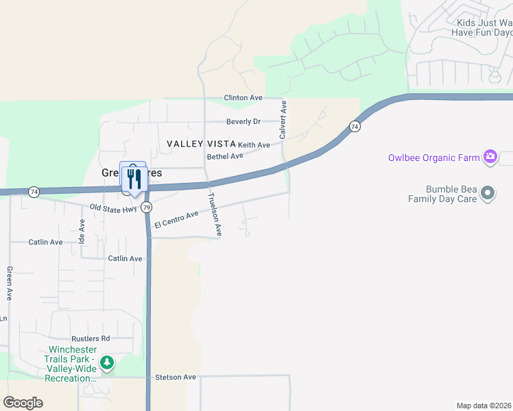 map of restaurants, bars, coffee shops, grocery stores, and more near 33881 El Centro Avenue in Hemet