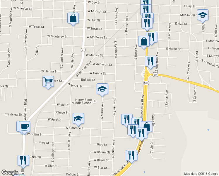 map of restaurants, bars, coffee shops, grocery stores, and more near 517 West Brock Street in Denison