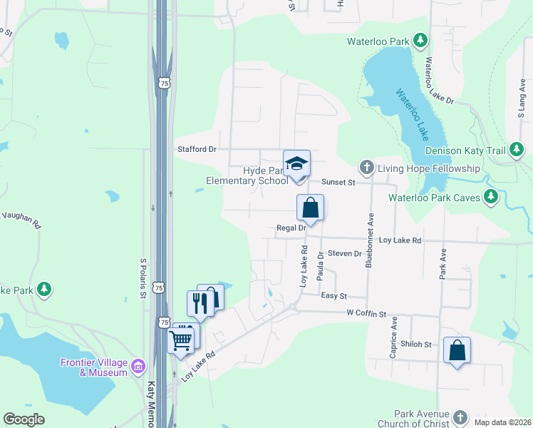 map of restaurants, bars, coffee shops, grocery stores, and more near 2722 Shawn Drive in Denison