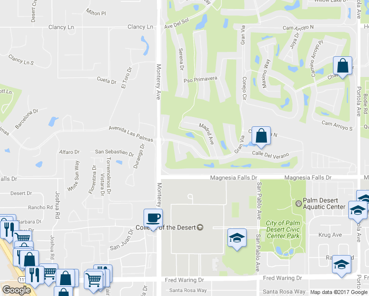 map of restaurants, bars, coffee shops, grocery stores, and more near 157 Gran Via in Palm Desert