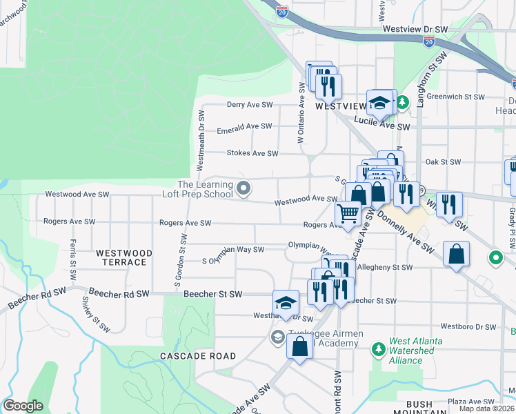 map of restaurants, bars, coffee shops, grocery stores, and more near 1670 Westwood Avenue Southwest in Atlanta
