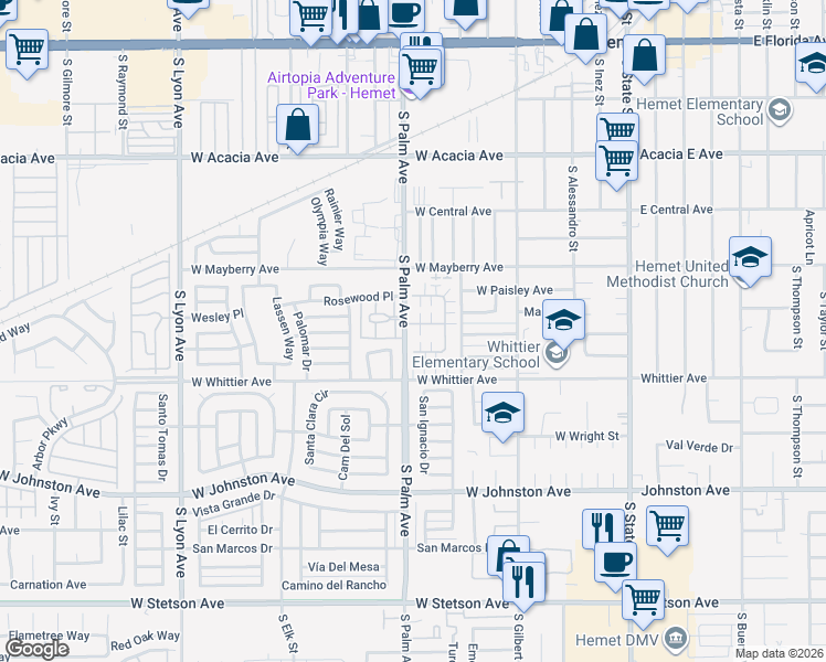 map of restaurants, bars, coffee shops, grocery stores, and more near 873 Ponderosa Drive in Hemet