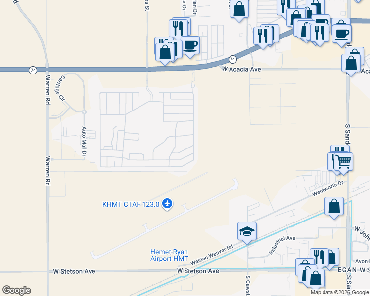 map of restaurants, bars, coffee shops, grocery stores, and more near 5001 West Florida Avenue in Hemet