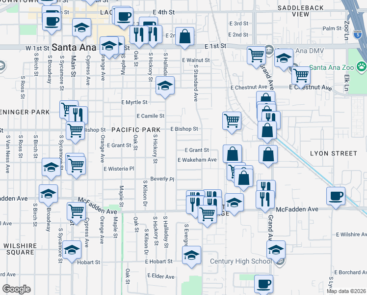 map of restaurants, bars, coffee shops, grocery stores, and more near 833 East Grant Street in Santa Ana