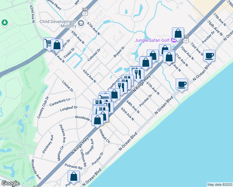 map of restaurants, bars, coffee shops, grocery stores, and more near 6304 Wildwood Trail in Myrtle Beach