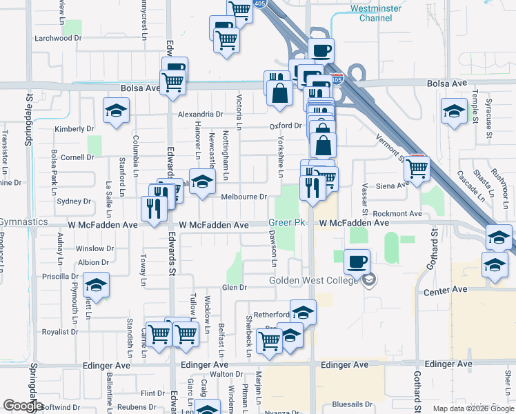 map of restaurants, bars, coffee shops, grocery stores, and more near 15432 Salisbury Lane in Huntington Beach