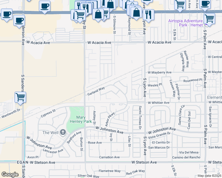 map of restaurants, bars, coffee shops, grocery stores, and more near 2238 Begonia Court in Hemet