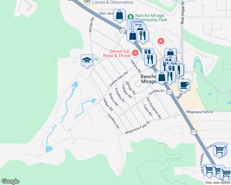 map of restaurants, bars, coffee shops, grocery stores, and more near 71433 Estellita Drive in Rancho Mirage