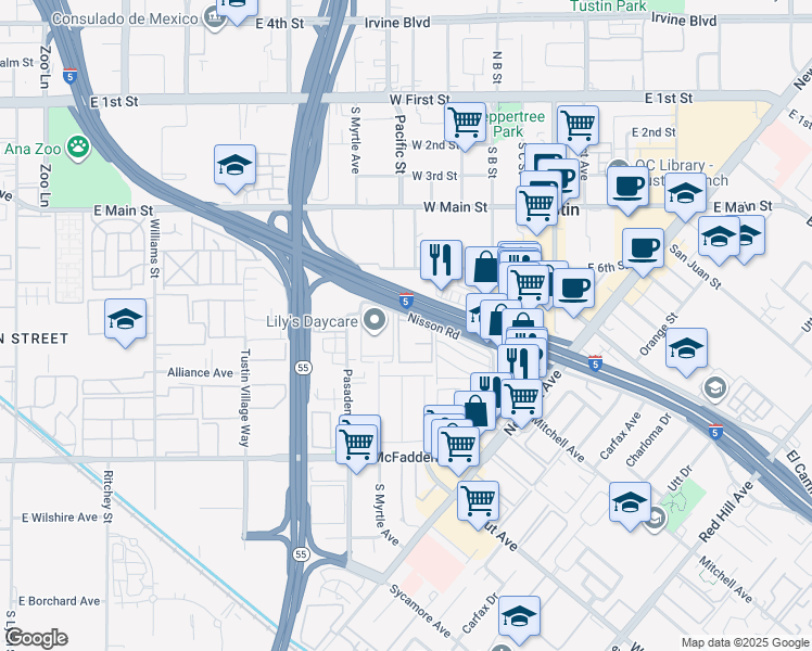 map of restaurants, bars, coffee shops, grocery stores, and more near 17222 Nisson Road in Tustin