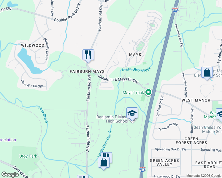 map of restaurants, bars, coffee shops, grocery stores, and more near 3610 Utoy Drive Southwest in Atlanta