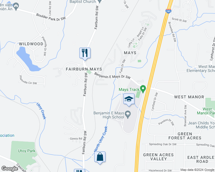 map of restaurants, bars, coffee shops, grocery stores, and more near 3612 Utoy Drive Southwest in Atlanta