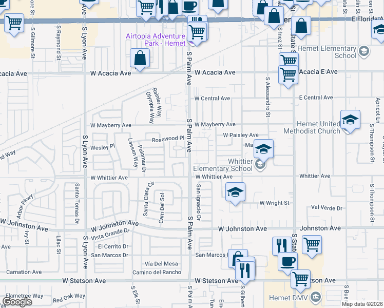 map of restaurants, bars, coffee shops, grocery stores, and more near 875 Ponderosa Drive in Hemet