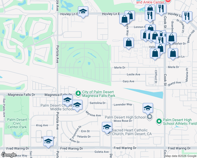 map of restaurants, bars, coffee shops, grocery stores, and more near 74376 Gary Avenue in Palm Desert
