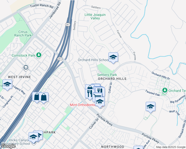 map of restaurants, bars, coffee shops, grocery stores, and more near 15 Flatiron in Irvine