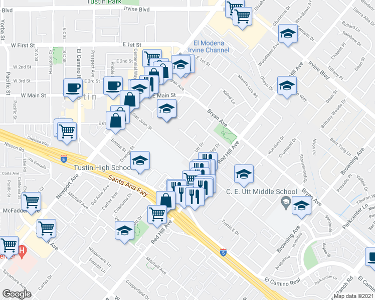 map of restaurants, bars, coffee shops, grocery stores, and more near 1341 San Juan Street in Tustin