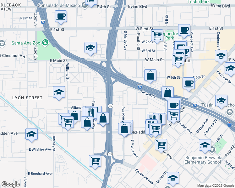 map of restaurants, bars, coffee shops, grocery stores, and more near 15552 Boleyn Circle in Tustin
