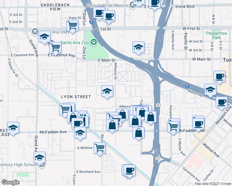 map of restaurants, bars, coffee shops, grocery stores, and more near 15545 Williams Street in Tustin