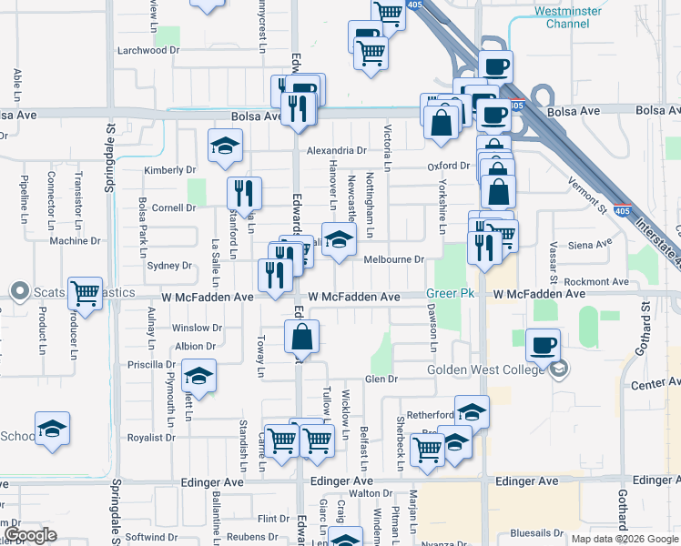 map of restaurants, bars, coffee shops, grocery stores, and more near 15431 Hanover Lane in Huntington Beach