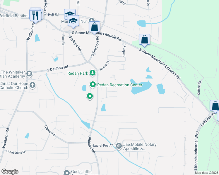 map of restaurants, bars, coffee shops, grocery stores, and more near 6392 Shalks Crossing Drive in Lithonia