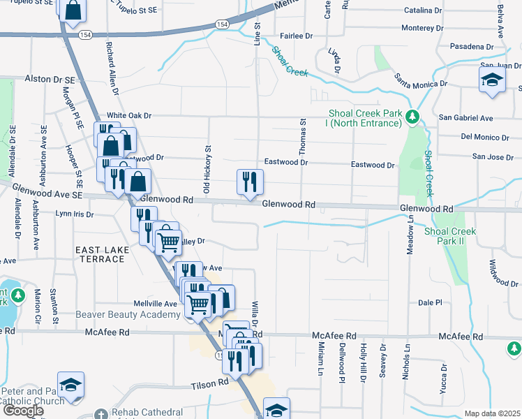 map of restaurants, bars, coffee shops, grocery stores, and more near 3375 Glenwood Road in Decatur