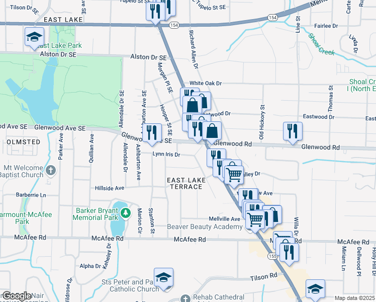 map of restaurants, bars, coffee shops, grocery stores, and more near 2458 Lynn Iris Drive in Decatur