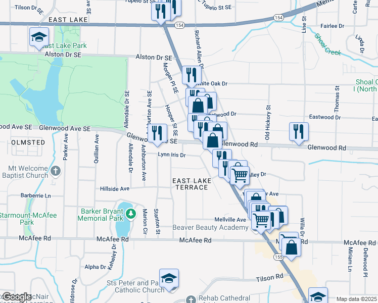 map of restaurants, bars, coffee shops, grocery stores, and more near 2446 Lynn Iris Drive in Decatur