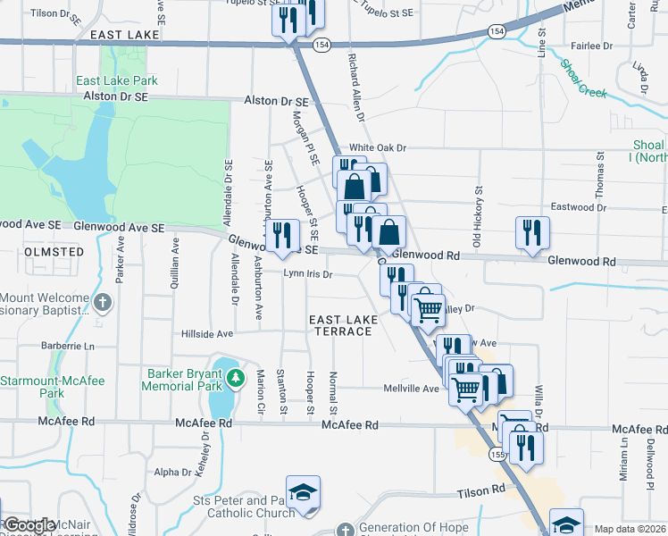 map of restaurants, bars, coffee shops, grocery stores, and more near 2462 Lynn Iris Drive in Decatur