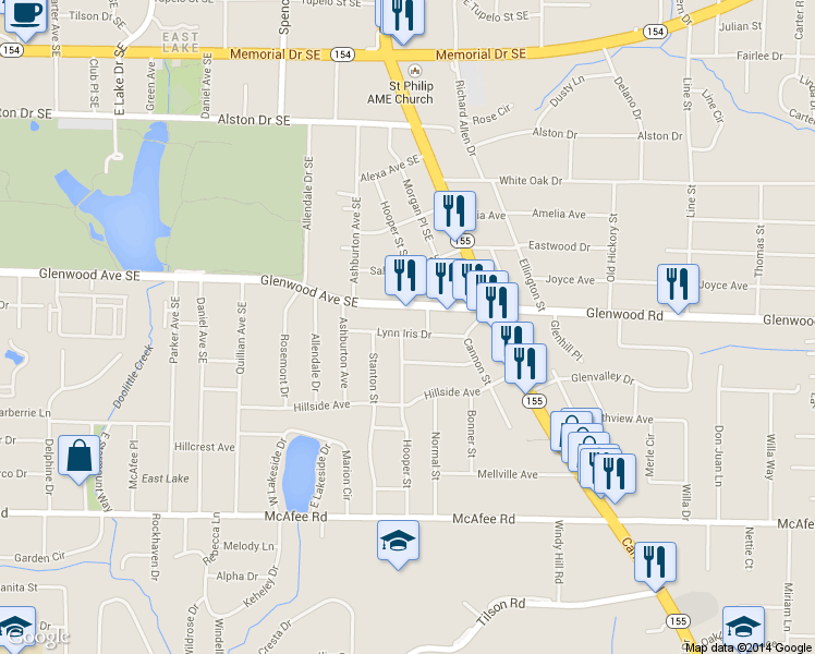 map of restaurants, bars, coffee shops, grocery stores, and more near 2426 Lynn Iris Drive in Decatur